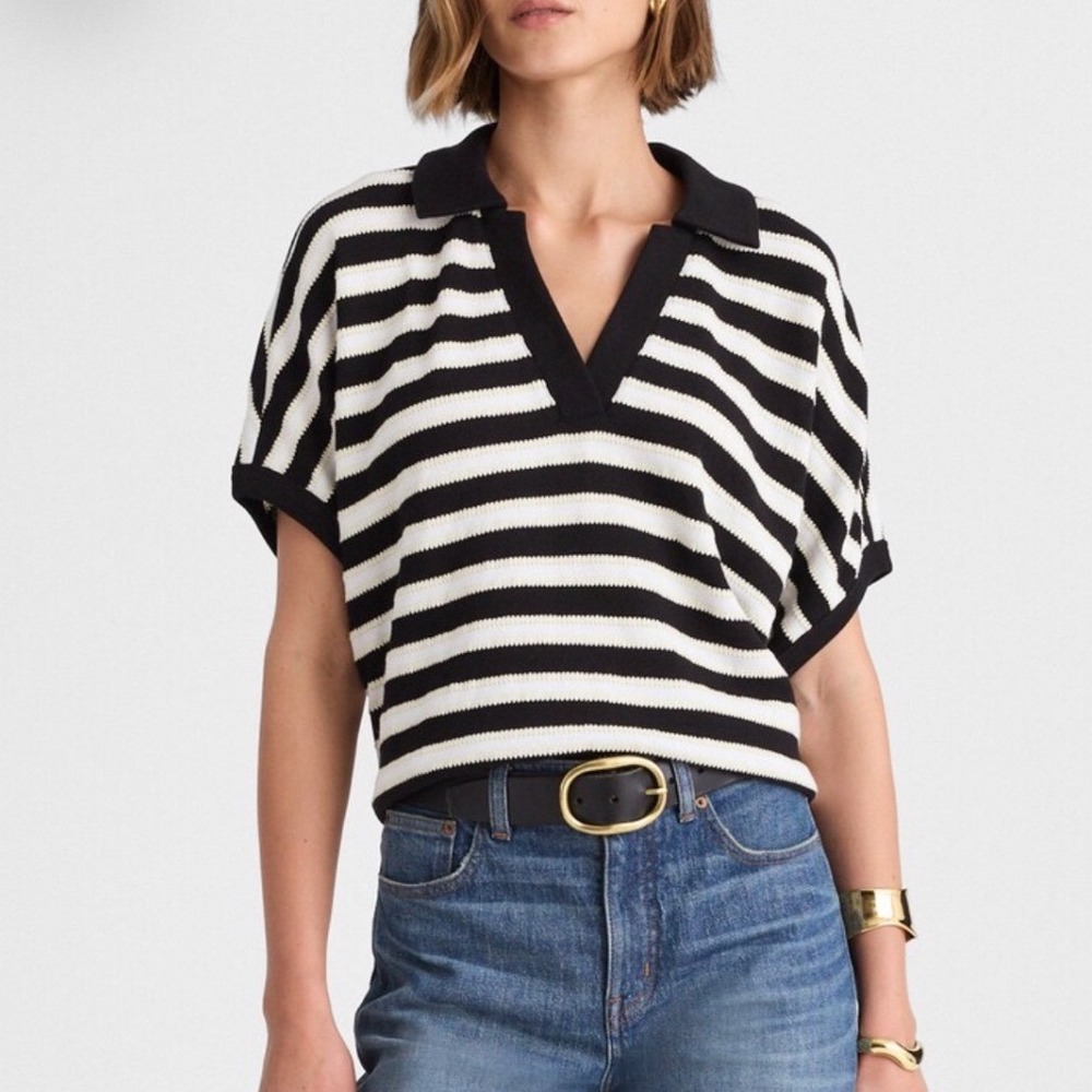 Madewell Relaxed V-Neck Polo Shirt in Stripe Black White NR366 Mens M